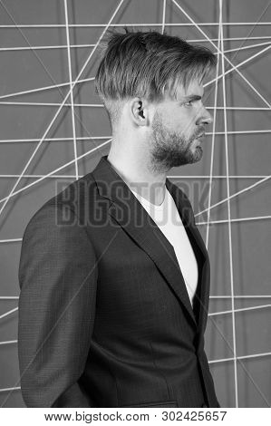 Manager Dress Code. Man Well Groomed Manager Wear Elegant Formal Suit Pink Background. Manager Confi