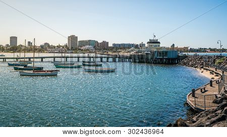 St Kilda Panorama With View Of The Saint Kilda Pier Kiosk And Marina In Melbourne Victoria Australia