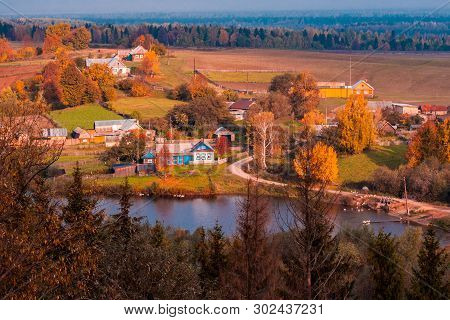 Early Sunrise At The Village With Lake From Top, Russia, Mari El