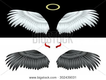 White Wings Angel And Gold Nimbus, Black Wings Of Fallen Angel And Red Horns. Isolated On A Backgrou