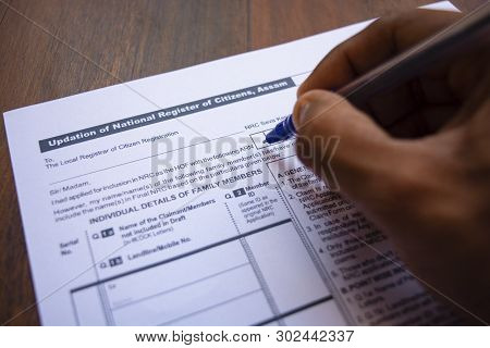 Maski, India- 20,may 2019 : Concept Of Filling Nrc Or National Register Of Citizens Form With Pen On