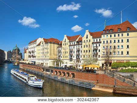 Riverside With Old Houses In East Center Of Berlin, Germany