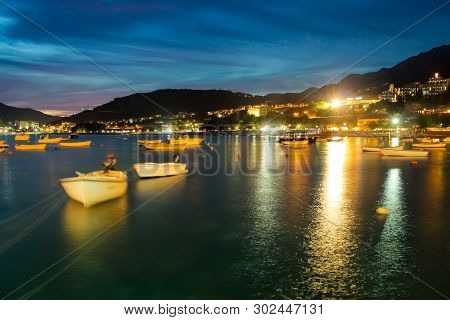 Montenegro, Rafailovici. Sunset View On Sea Beach