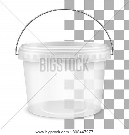 Transparent Round Empty Plastic Bucket With Metallic Handle For Storage Of Foodstuff, Butter, Paint 