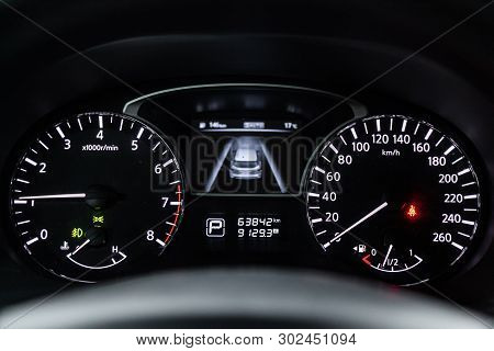 Novosibirsk, Russia - May 20, 2019:  Nissan Pathfinder,close-up Of The Dashboard, Speedometer And Ta