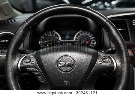 Novosibirsk, Russia - May 20, 2019:  Nissan Pathfinder,close-up Of The Dashboard, Speedometer, Tacho