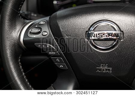 Novosibirsk, Russia - May 20, 2019:  Nissan Pathfinder,close-up Of The Multiwheel With Phone Setting