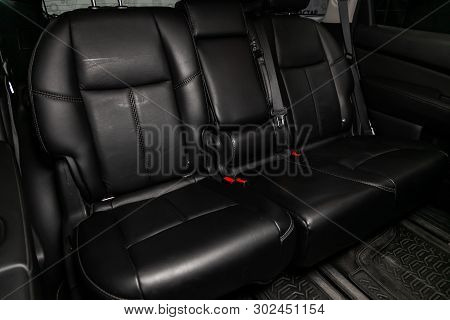 Novosibirsk, Russia - May 20, 2019:  Nissan Pathfinder,close-up Of The Black Leather Rear Seats. Pho