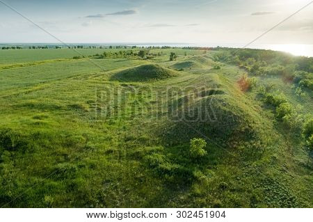 Scenic View Of The Burial Mounds Of Mamay Mountain. Aerial View.