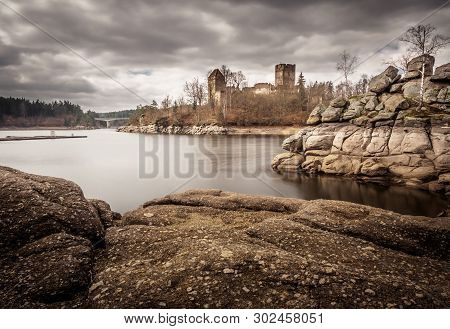 Ruin Lichtenfels In The Ottensteiner Reservoir In The Waldviertel In Spring