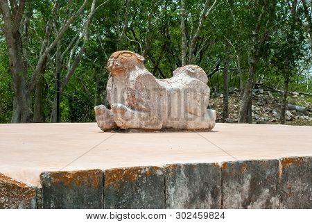 Ancient Mayan Statue, Which Symbolizes A Jaguar With Two Heads, In The Archaeological Area Of Uxmal,