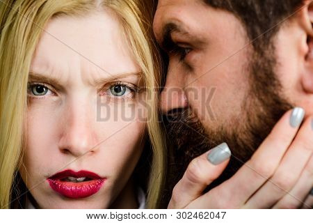 Couple In Love. Beautiful Woman Touch Beard Of Man. Love, Care, Tenderness. Girl With Makeup Touchin
