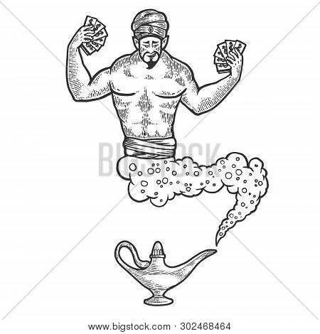 Magical Fabulous Genie Djinn Out Of Magic Lantern With Dollars Money Sketch Line Art Engraving Vecto