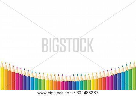 Horizontal Pattern. Set Of Isolated Colored Pencils Arranged Arc From Below Of Page With Copy Space 