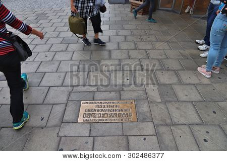 Stockholm, Sweden - August 22, 2018: Memorial Plaque At The Location Of Assassination Of Olof Palme,