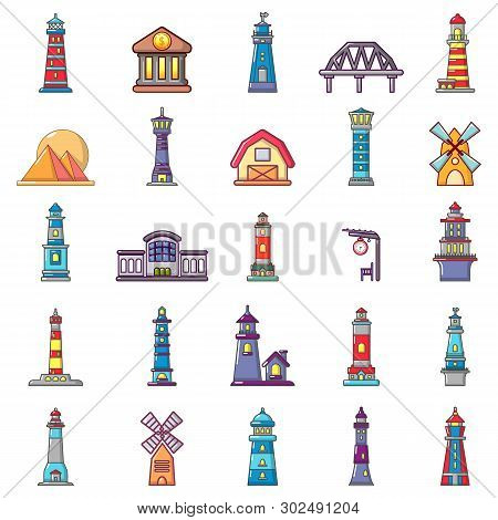 Buildings Icon Set. Cartoon Set Of Buildings Icons For Web Design Isolated On White Background