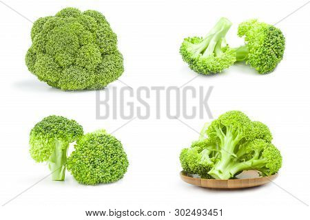 Set Of Fresh Green Broccoli Close-up Isolated On White Background