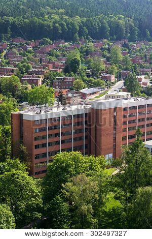 Typified Red Brick Family Bata Houses In Zlin, Moravia, Czech Republic, Sunny Summer Day, Aerial Vie