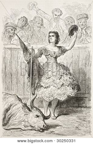 Teresa Bolsi stary wygrawerowanym portret, kobiece Matador Andaluzji. Stworzony przez Gustave Dore, punktorów