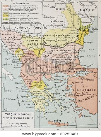 Evropské Turecko po starých map Berlínská smlouva (1878). Paul Vidal de Lablache, Atlas Classique, l