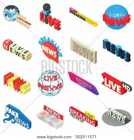 News Live Breaking Label Icons Set. Isometric Illustration Of 16 News Live Breaking Label Icons For 