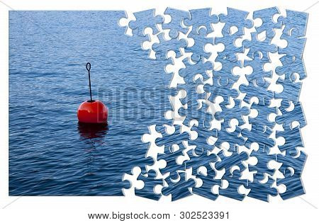 Build Your Security Step By Step - Concept Image, With Red Bouy On A Calm Lake, In Jigsaw Puzzle Sha