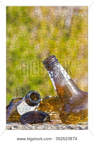 Smashed Bottle Of Beer Resting On The Ground - Address The Alcoholism Issue  - Concept Image In Jigs