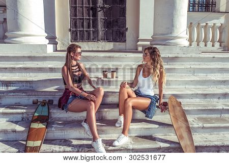 Two Girls Friends Girlfriends, Sitting On Steps Institute And College, Talking Talk, Skate, Longboar