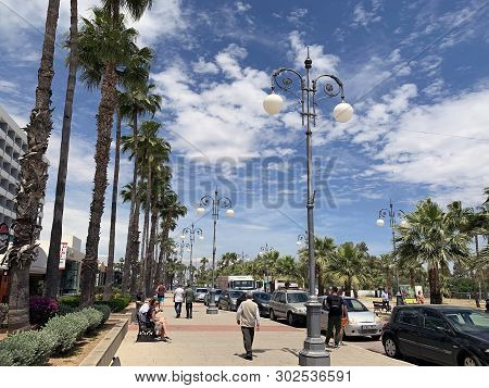 Larnaka, Cyprus - May 11, 2019: Finikoudes Embankment On The Mediterranean Coast In Larnaka
