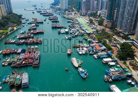Aberdeen, Hong Kong 12 May 2019: Aerial view of Hong Kong typhoon shelter with fishing harbor port