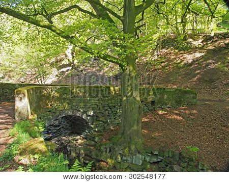 The Old Stone Packhorse Bridge Crossing Hebden Water In Calderdale Surrounded By Bright Sunlit Sprin