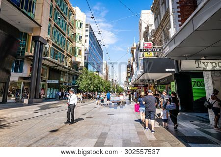 30 December 2018, Adelaide Sa Australia : View Of Rundle Mall Pedestrian Shopping Street With People