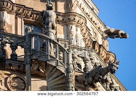 An image of a statue at the tower of the Kilian Church in Heilbronn Germany