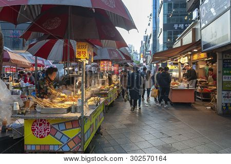 Busan, South Korea - April 2019: Local Korean Street Food Vending At Busan International Film Festiv