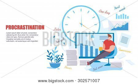 Cartoon Man Procrastinate At Work. Low Productivity Vector Illustration. Bored Male Office Worker Co