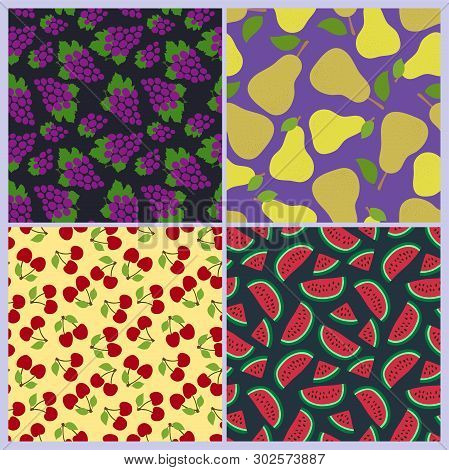 Grapes, Pear, Cherry And Watermelon Seamless Pattern. Berries And Fruits. Fashion Design. Food Print