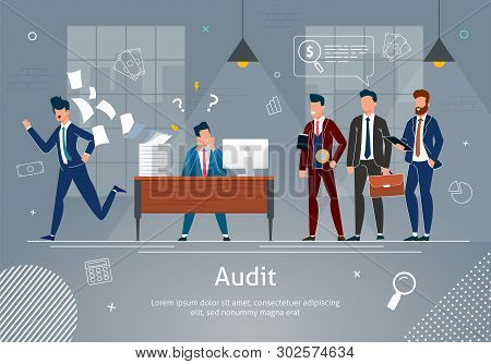 Office Team Banner Vector Illustration. Businessmen Cheking Work Of Man. Stressed Man At Workplace W