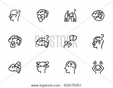 Alzheimer Disease Line Icon Set. Brain, Bad Memory, Pills. Health Concept. Can Be Used For Topics Li