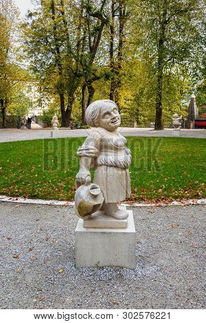 Salzburg, Austria - October 29, 2018: Dwarf Statues In Dwarf Garden. Mirabellgarten Or Mirabell Gard