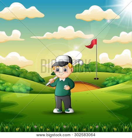 Happy Boy Playing Golf In The Court