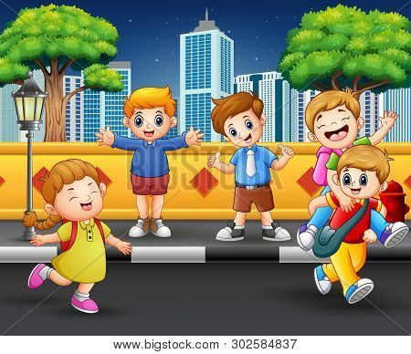 Children On The Sidewalk With Urban Scene