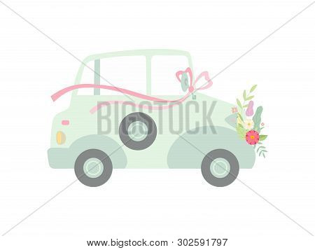 Vintage Car Decorated With Bow And Flowers, Wedding Retro Auto, Side View Vector Illustration