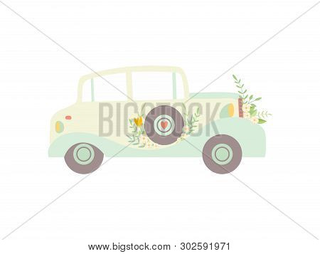 Vintage Car Decorated With Flowers, Wedding Retro Auto, Side View Vector Illustration