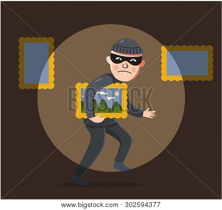 Robber In Mask Steals A Painting From A Museum. He Was Noticed. Thief Illustration