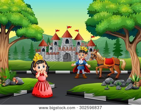 Cartoon Prince And Little Princess On The Road Tro The Castle