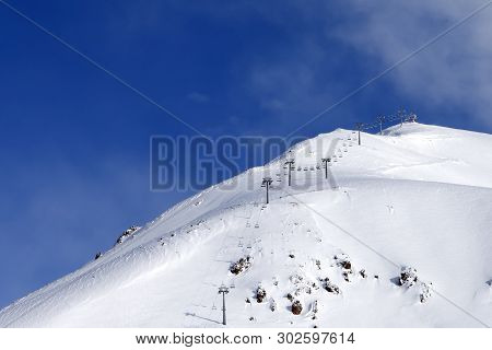 Snowy Off-piste Ski Slope And Ropeway At Winter Morning. Caucasus Mountains. Georgia, Region Gudauri