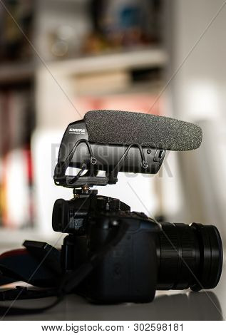 Paris, France - Mar 18, 2019: Side View Of New Microphone Made By Shure America Model Lenshooper Vp 