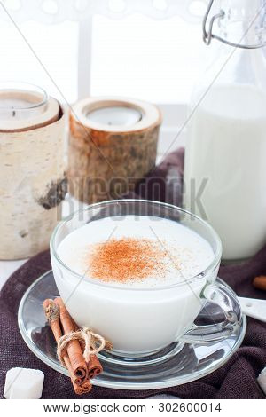 Homemade Kefir In A Glass Cup With Cinnamon And Sugar, Selective Focus