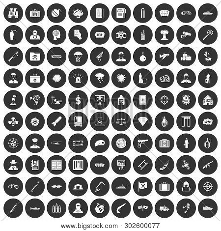 100 Antiterrorism Icons Set In Simple Style White On Black Circle Color Isolated On White Background