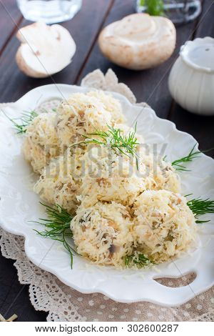 Salad With Mushrooms In The Form Of Balls In Cheese, Rafaello, Selective Focus
